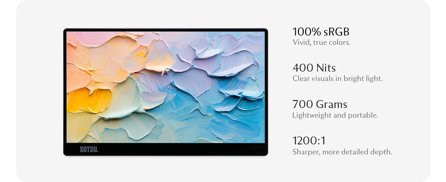 100% sRGB  
Vivid, true colors.  

400 Nits  
Clear visuals in bright light.  

700 Grams  
Lightweight and portable.  

1200:1  
Sharper, more detailed depth.