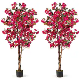 Gymax - 6 FT Artificial Bougainvillea Tree Set of 2 Tall Faux Pre-potted Tree w/ 910 Flowers - Red