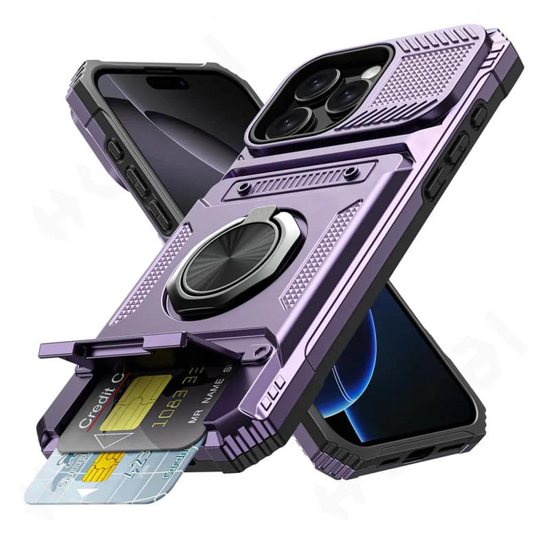Gravity Ridge - for iPhone 13 Wallet Case with Card Holder 360°Ring Kickstand Military Grade Drop Shockproof Rugged Case - Purple