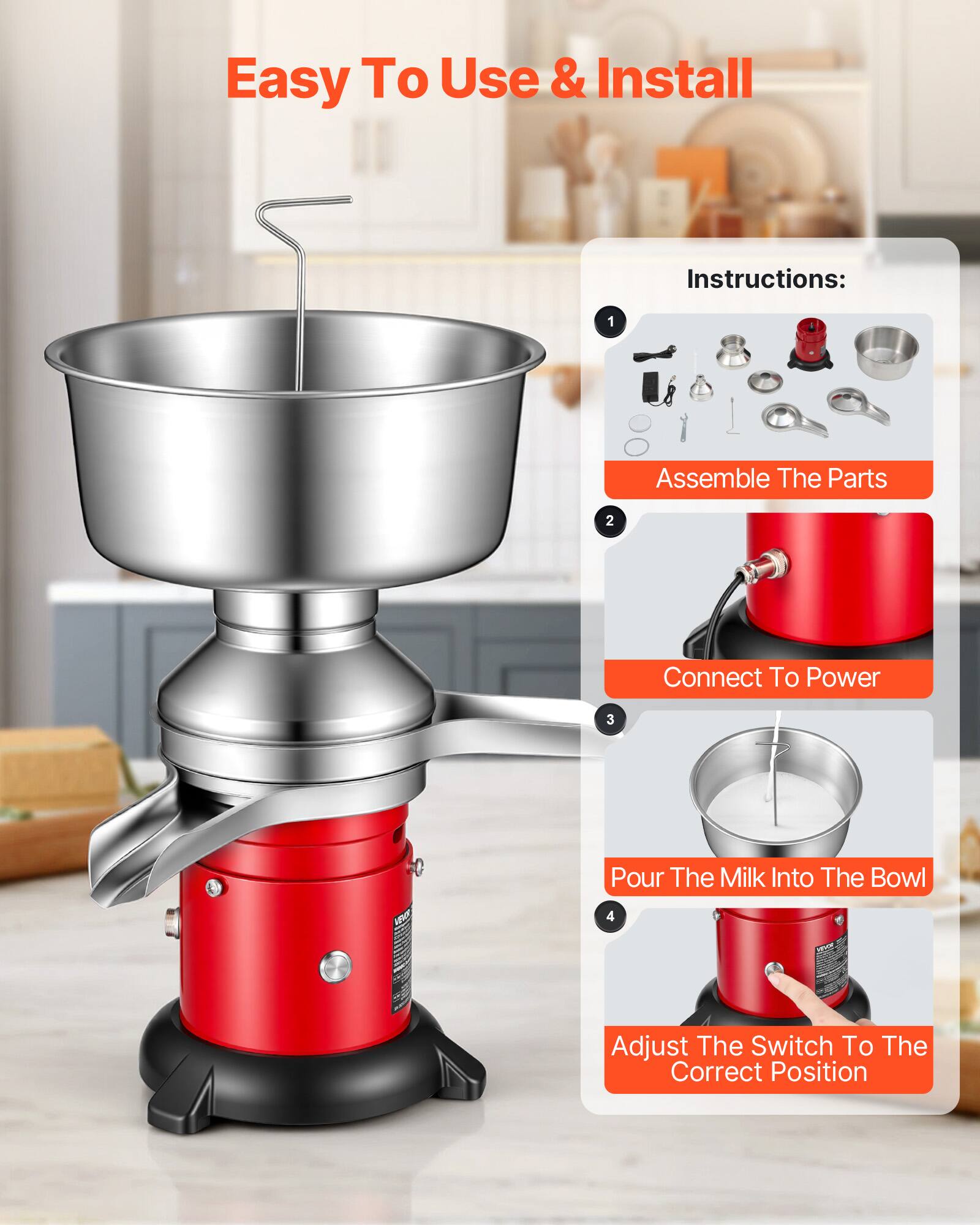 Easy To Use & Install

Instructions:
1. Assemble The Parts
2. Connect To Power
3. Pour The Milk Into The Bowl
4. Adjust The Switch To The Correct Position