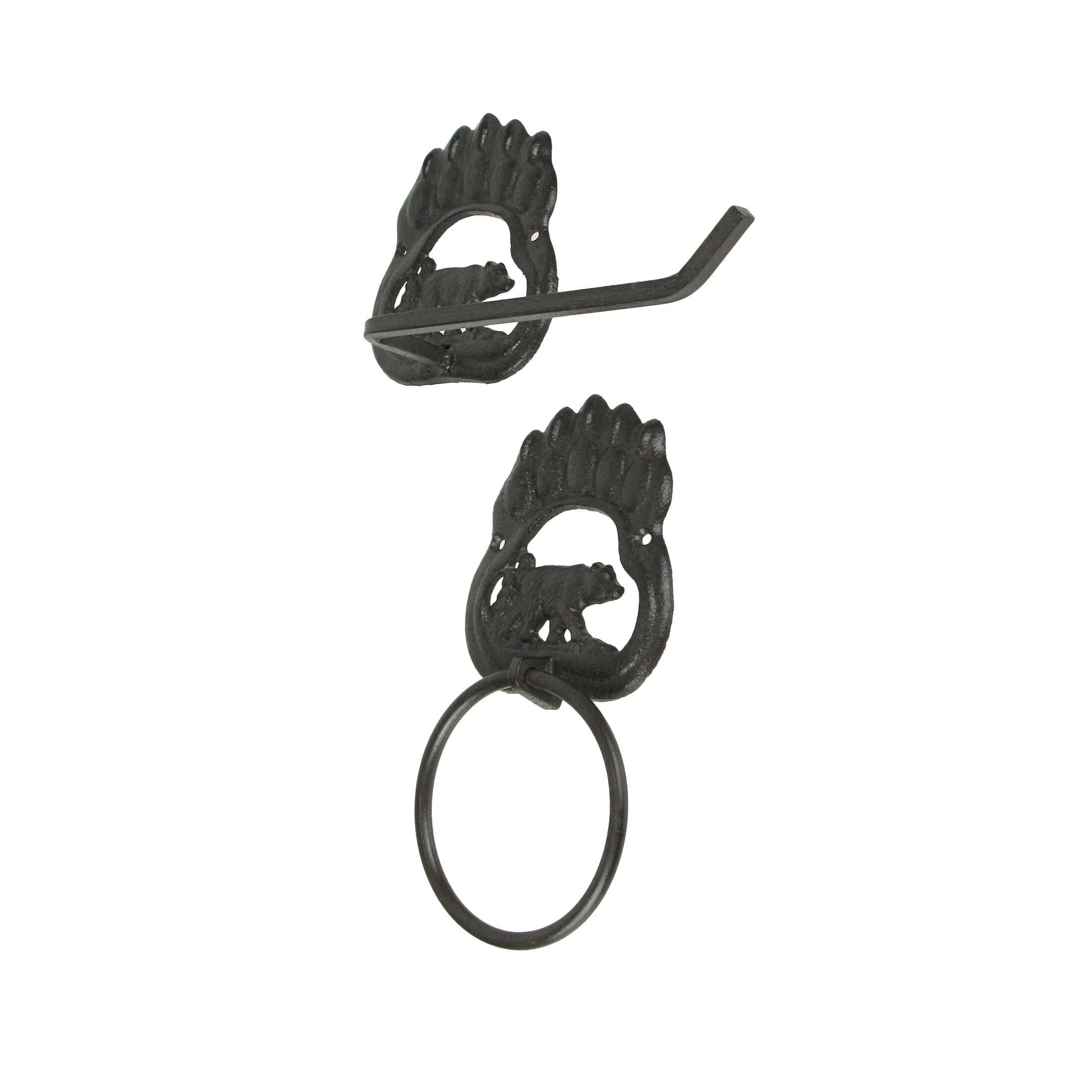 Alt View 1. Things2Die4 - Rustic Cast Iron Black Bear Paw Towel Ring and Holder Set - Black.