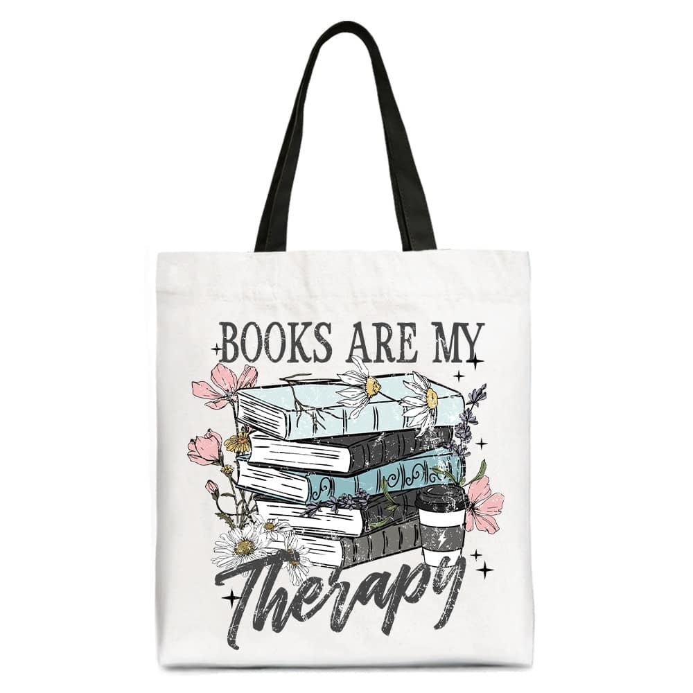 OrnamentallyYou - Books Are My Therapy Floral Vintage Canvas Tote Bag, Reading Aesthetic Gift Shopper for Bookworms - White Black