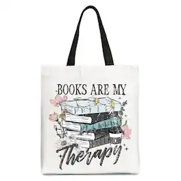 OrnamentallyYou - Books Are My Therapy Floral Vintage Canvas Tote Bag, Reading Aesthetic Gift Shopper for Bookworms - White Black