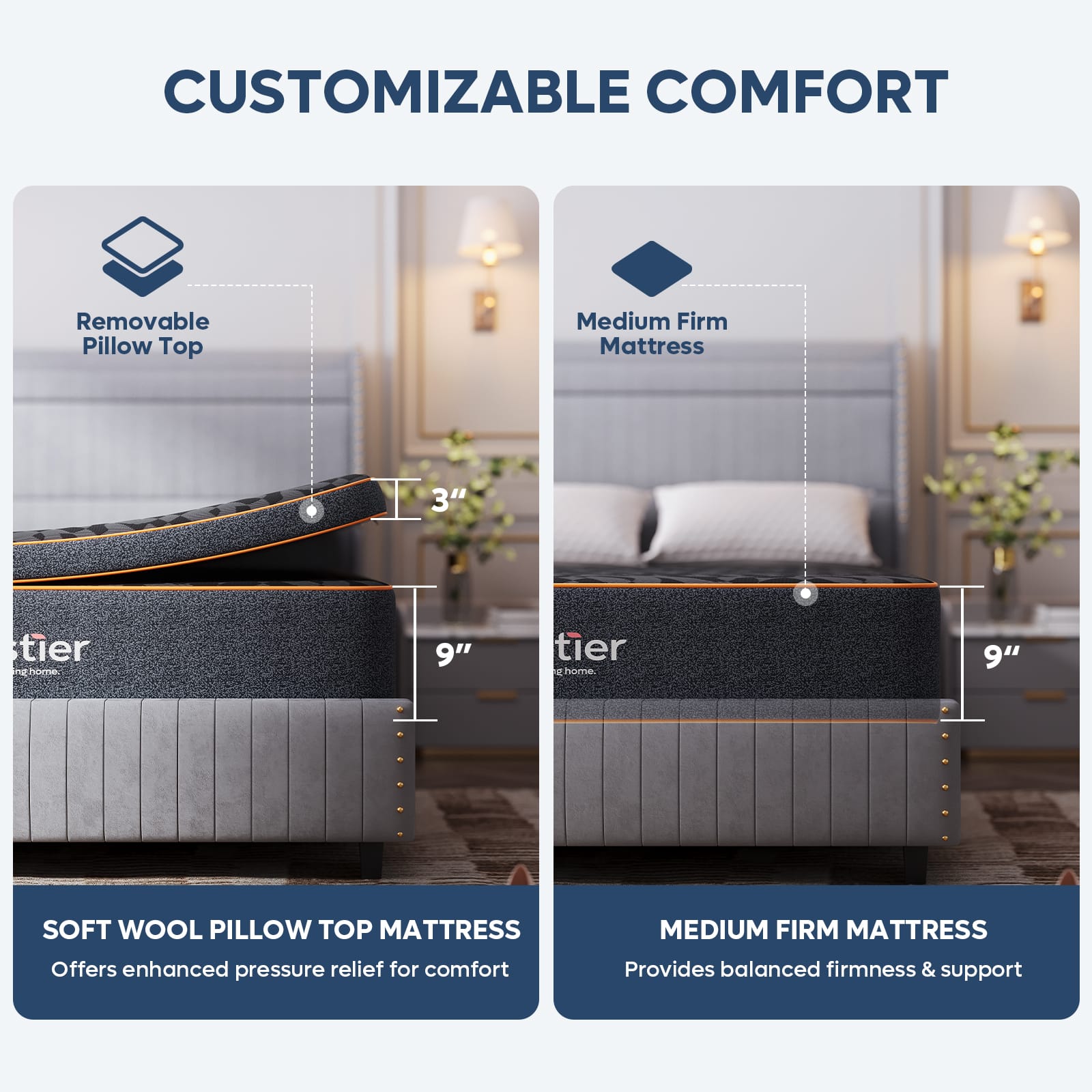 CUSTOMIZABLE COMFORT: Removable Pillow Top Medium Firm Mattress 3" tier - 9" tier. Offers enhanced pressure relief for comfort. Provides balanced firmness & support. Soft Wool Pillow Top Mattress - Medium Firm Mattress.