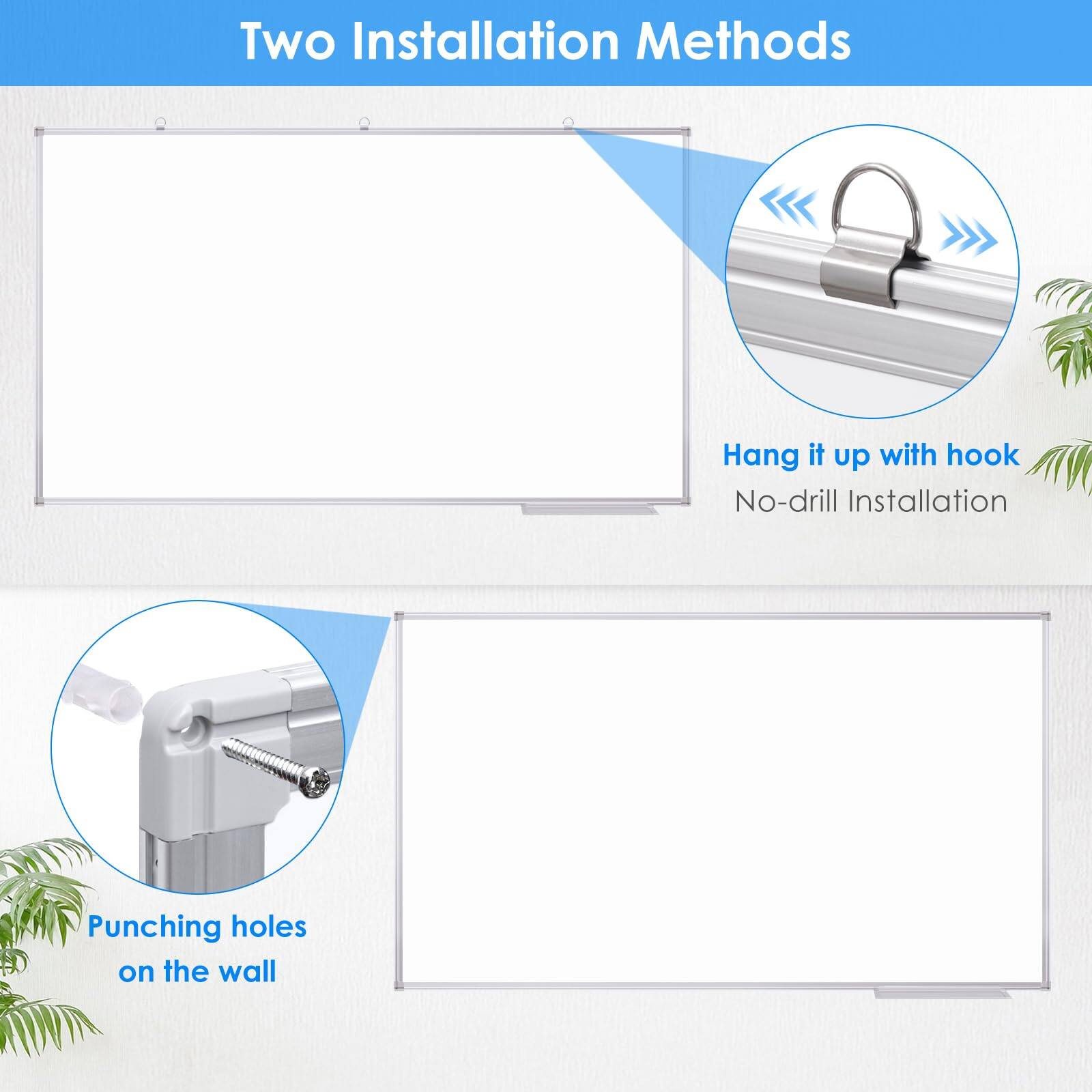 Two Installation Methods

- Hang it up with hook
  - No-drill Installation

- Punching holes on the wall