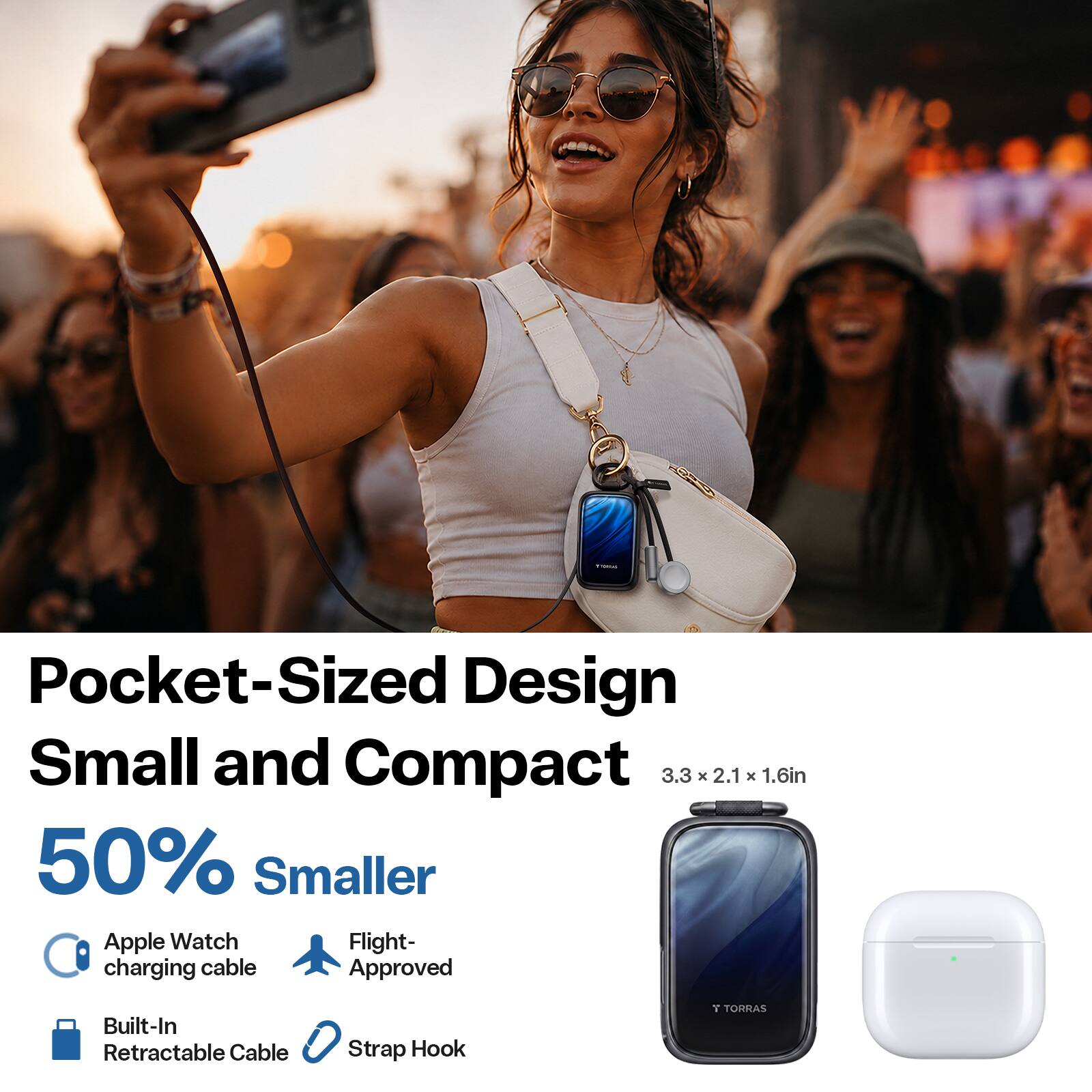 170KING

Pocket-Sized Design Small and Compact 3.3 x 2.1 x 1.6in 50% Smaller Apple Watch Flight- charging cable Approved

Built-In Retractable Cable
Strap Hook

T TORRAS