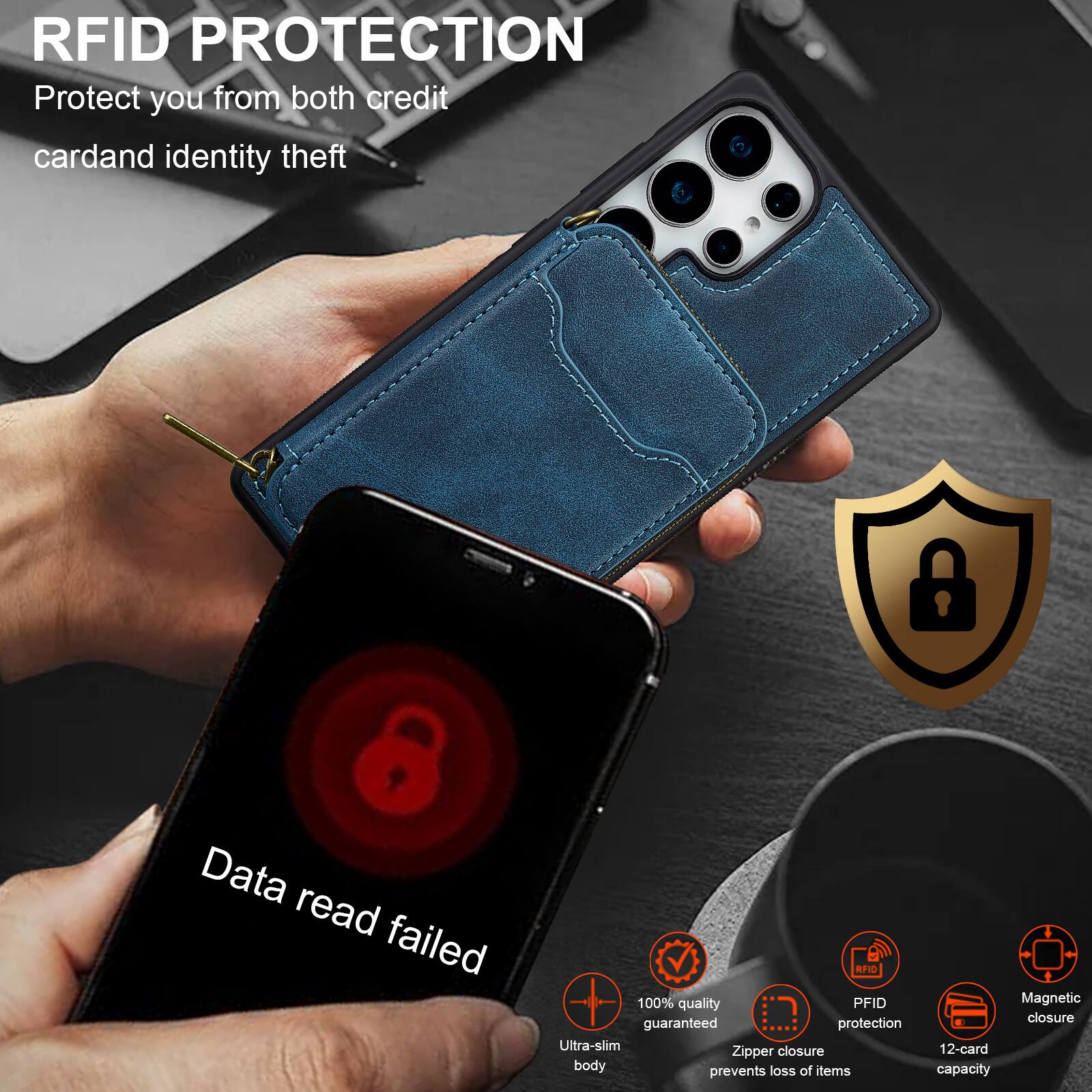 RFID PROTECTION  
Protect you from both credit card and identity theft  

Data read failed  

100% quality guaranteed protection  
Ultra-slim closure  
Zipper body prevents loss of items  
Magnetic closure  
12-card capacity  

RFID PROTECTION  
Protect you from both credit card and identity theft  

100% quality guaranteed  
RFID protection  
Zipper closure prevents loss of items  
Magnetic closure  
12-card capacity