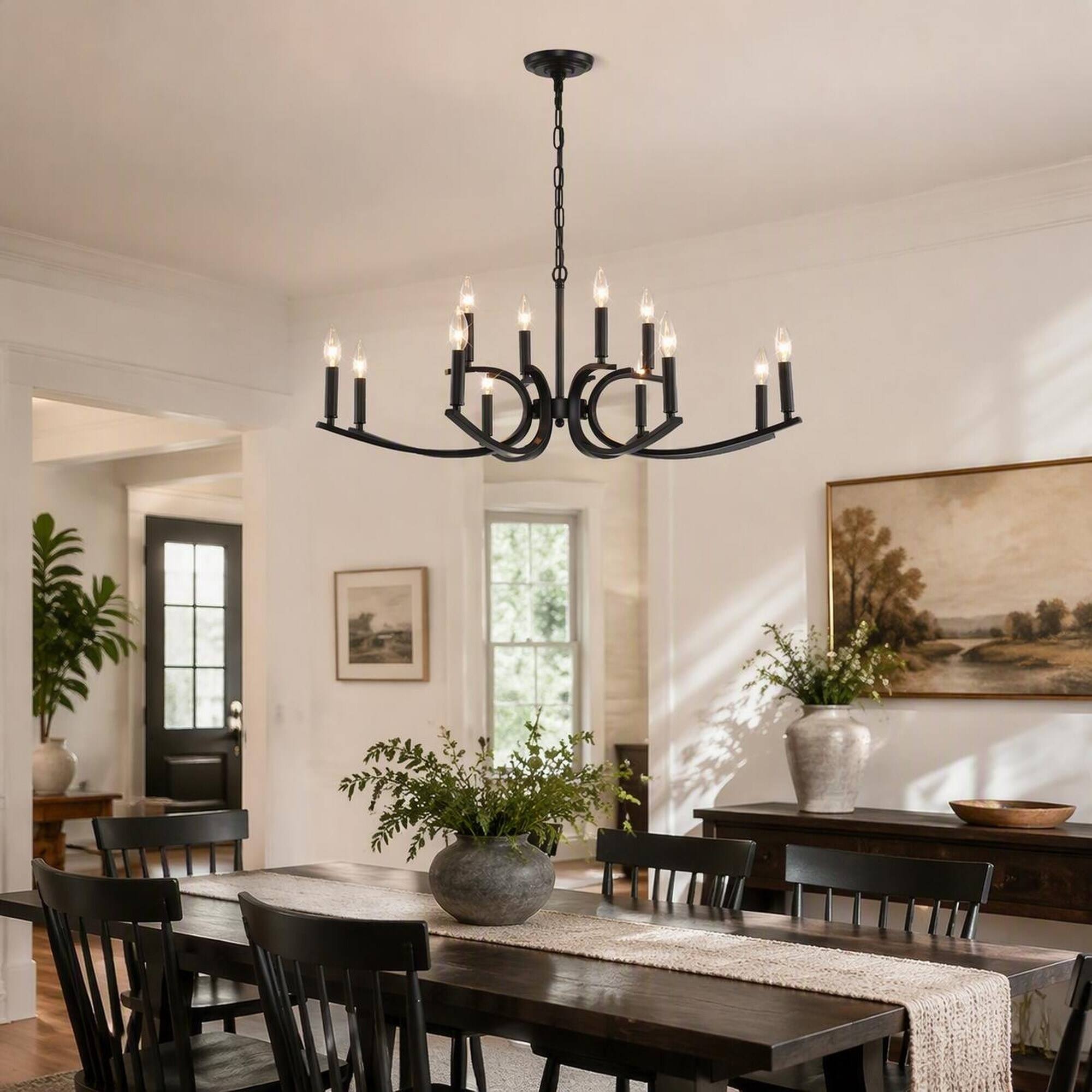 Back. RYHNUYNE - 12-Light Farmhouse Chandelier in Matte Black, Industrial Metal Pendant for High Ceilings in Living Rooms, Dining Rooms.