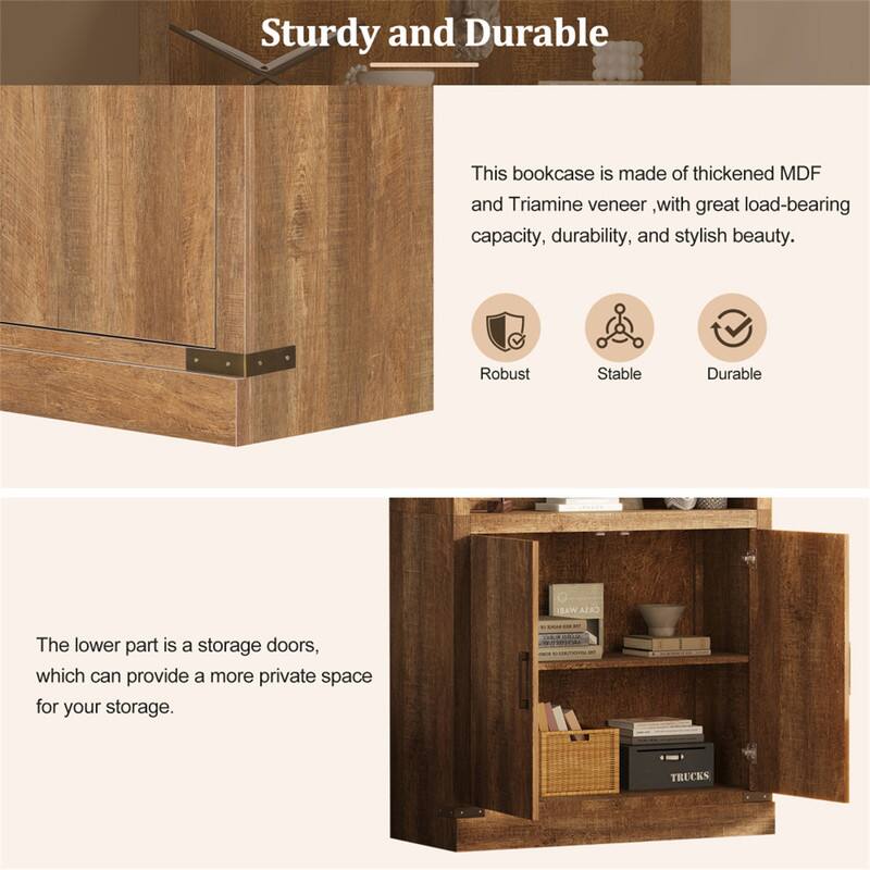 Sturdy and Durable

This bookcase is made of thickened MDF and Triamine veneer, with great load-bearing capacity, durability, and stylish beauty.

Robust  
Stable  
Durable

The lower part is a storage doors, which can provide a more private space for your storage.
