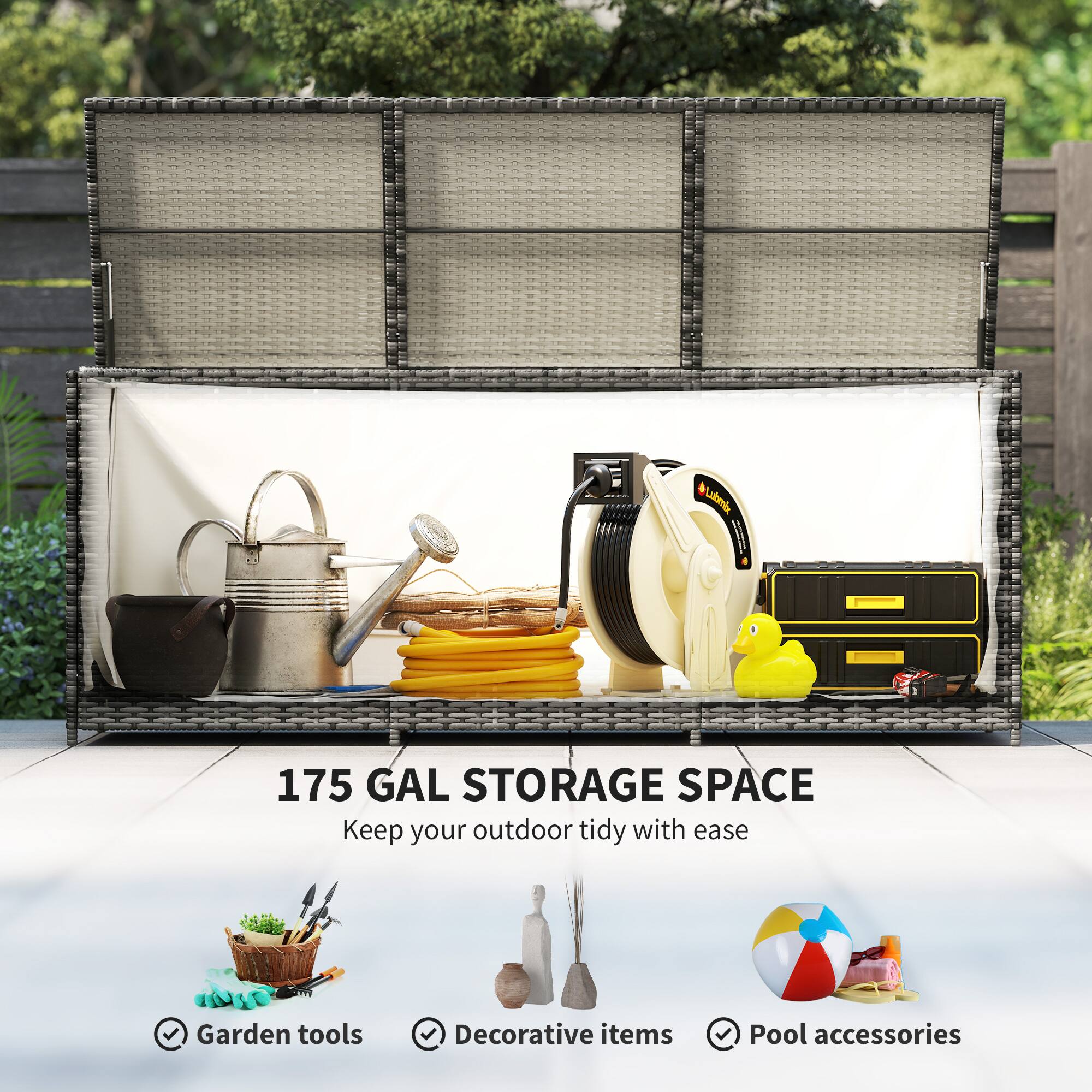 175 GAL STORAGE SPACE, Keep your outdoor tidy with ease, Garden tools, Decorative items, Pool accessories