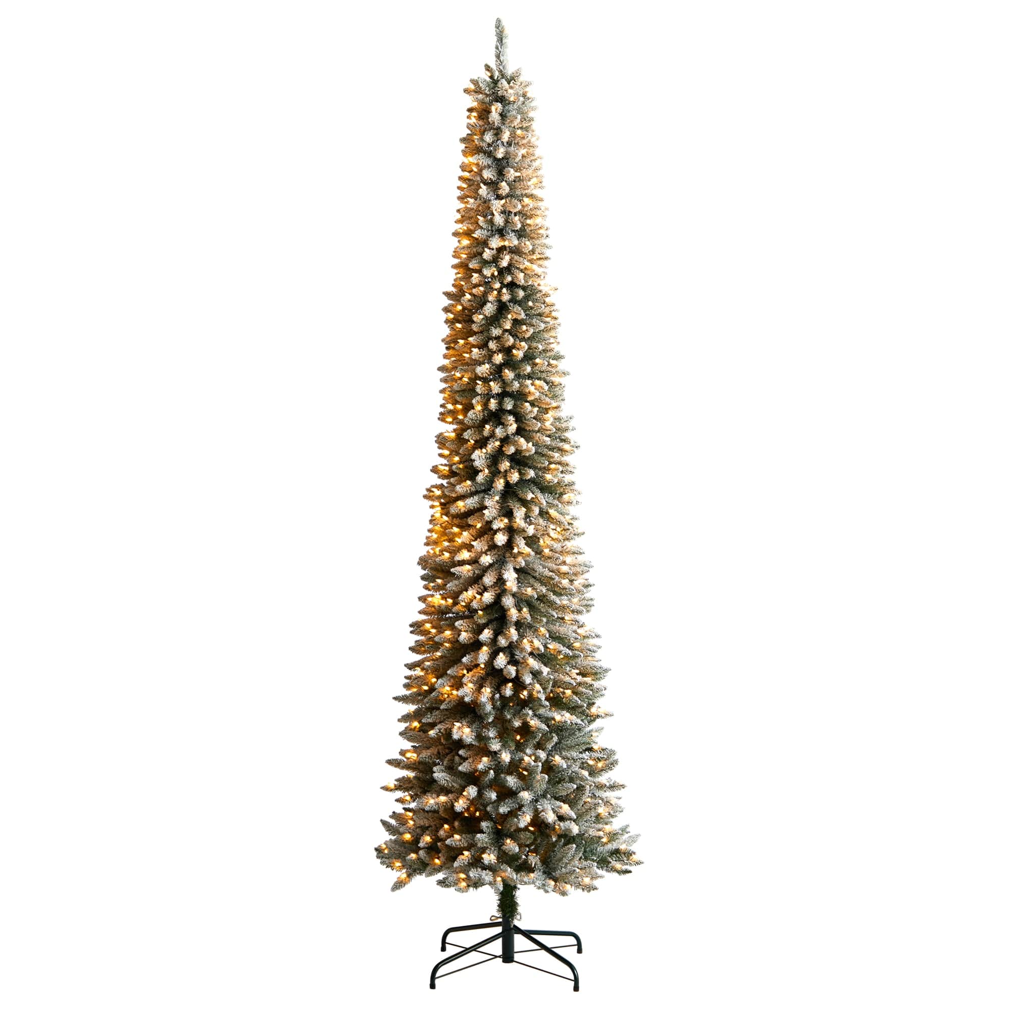 BreeBe - 10’ Flocked Pencil Artificial Christmas Tree with 700 Clear - White, Green