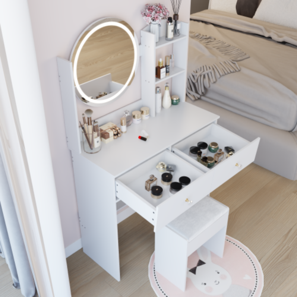 Left. LUCKY ONE - 17in Round LED Mirror Vanity Set with Large Desktop, Multi-Layer Storage and Stool for Small Space - White.