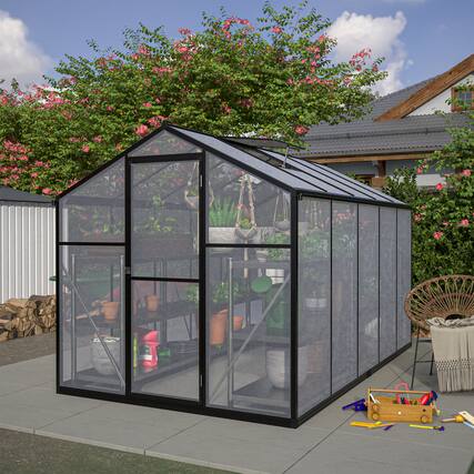 Front. TinyHomie - 6 x 10FT Outdoor Polycarbonate Greenhouse Kit with Aluminum Frame Lockable Door and Adjustable Roof Vent Backyard Patio.