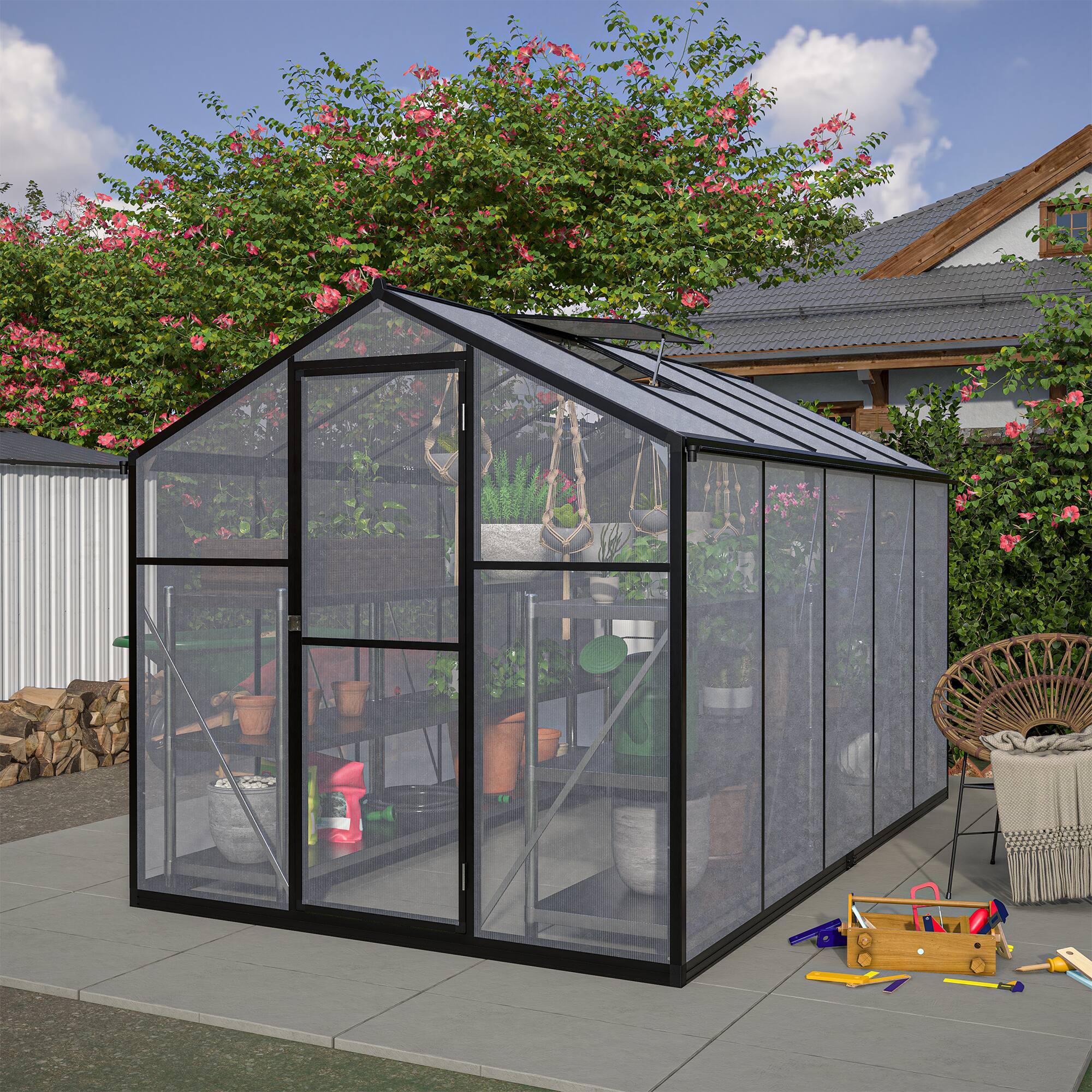 Front. TinyHomie - 6 x 10FT Outdoor Polycarbonate Greenhouse Kit with Aluminum Frame Lockable Door and Adjustable Roof Vent Backyard Patio.