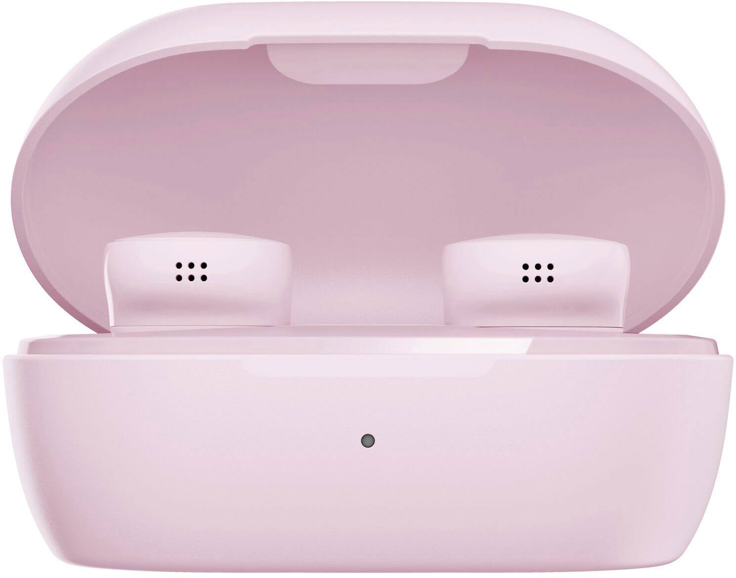 The image shows a pink case with two earphones inside. The case is designed to hold the earphones securely and protect them when not in use. The earphones are placed inside the case, with one earphone on the left side and the other on the right side. The case is open, revealing the earphones inside.