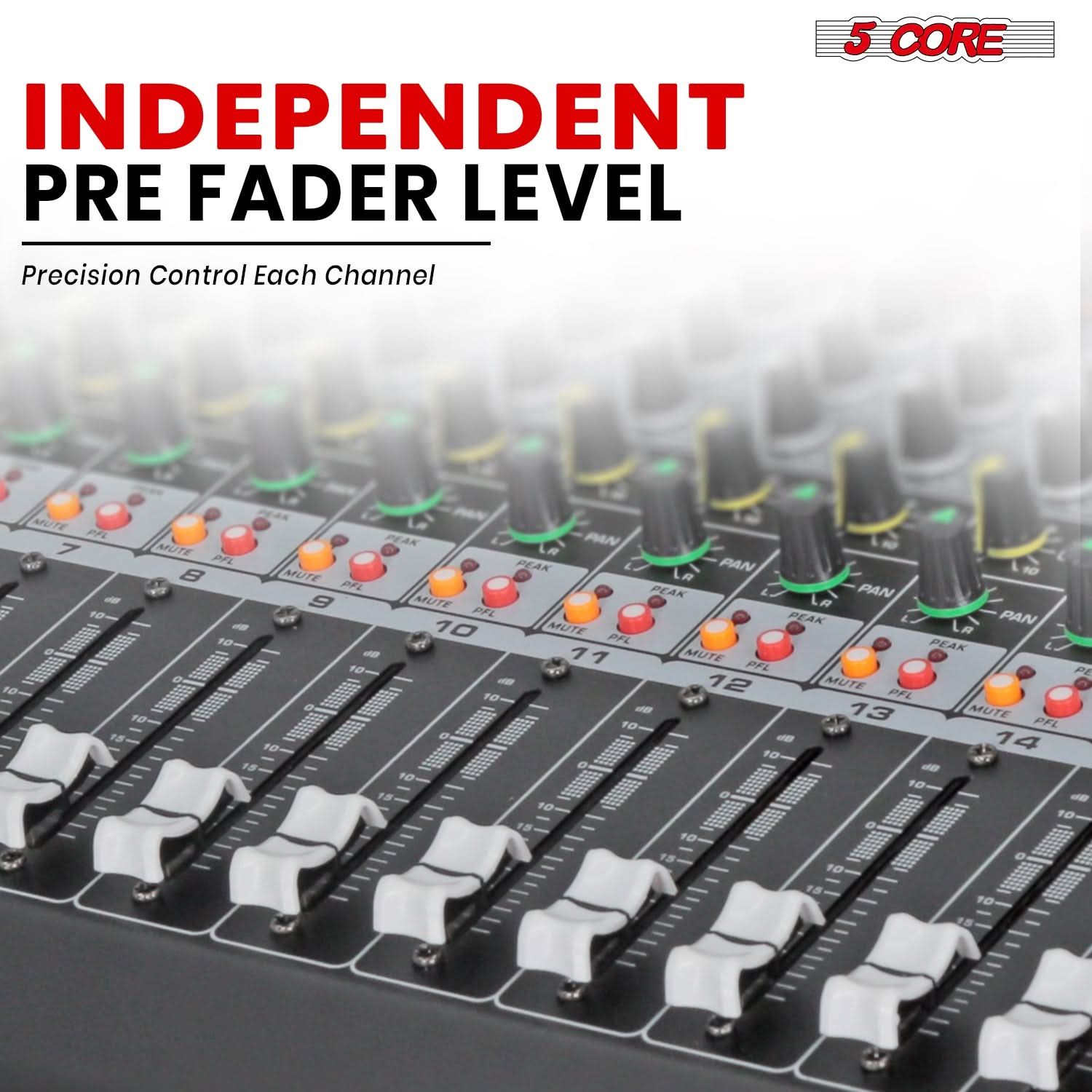 5 CORE  
INDEPENDENT PRE FADER LEVEL  
Precision Control Each Channel  

MUTE PFL PEAK PAN 7  
MUTE PFL PEAK PAN 8  
MUTE PFL PEAK PAN 9  
MUTE PFL PEAK PAN 10  
MUTE PFL PEAK PAN 11  
MUTE PFL PEAK PAN 12  
MUTE PFL PEAK PAN 13  
MUTE PFL PEAK PAN 14