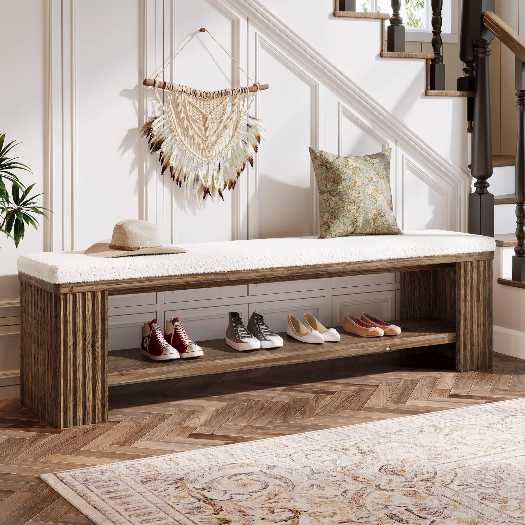 Back. Tribesigns - 63" Solid Wood Entryway Bench, Farmhouse Upholstered End of Bed Bench with Removable Faux Lambswool Cushion and Fluted L - Dark Brown.