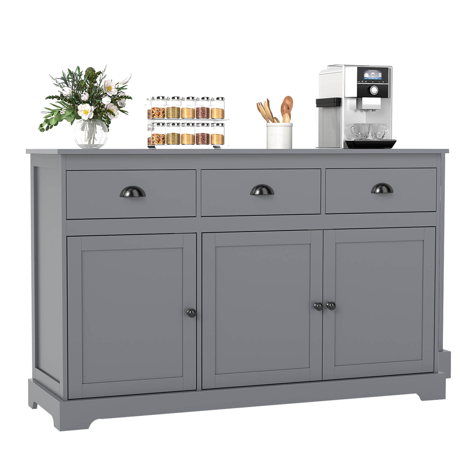 Costway - 53.5" Storage Cabinet with 3 Drawers 2 Adjustable Shelves Buffet Sideboard - Gray