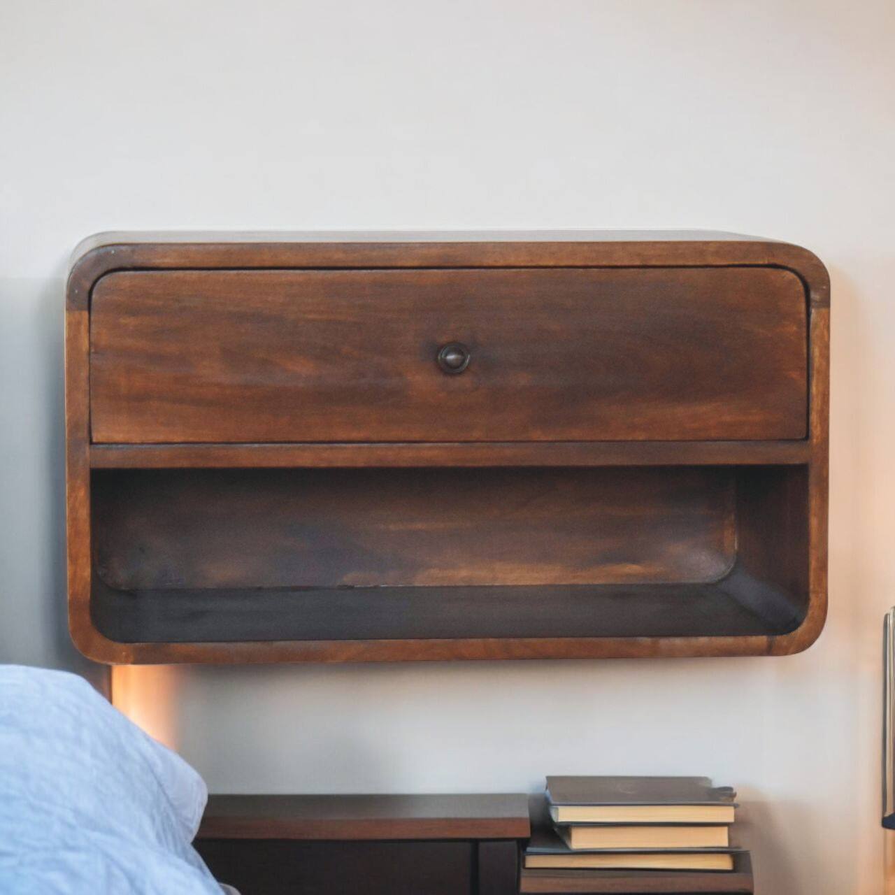 Angle. Artisan Furniture - Artisan Furniture Solid Wood Large Chestnut Curve Floating Bedside, 1 Drawer, 1 Open Slot, Dark Brown - Chestnut.