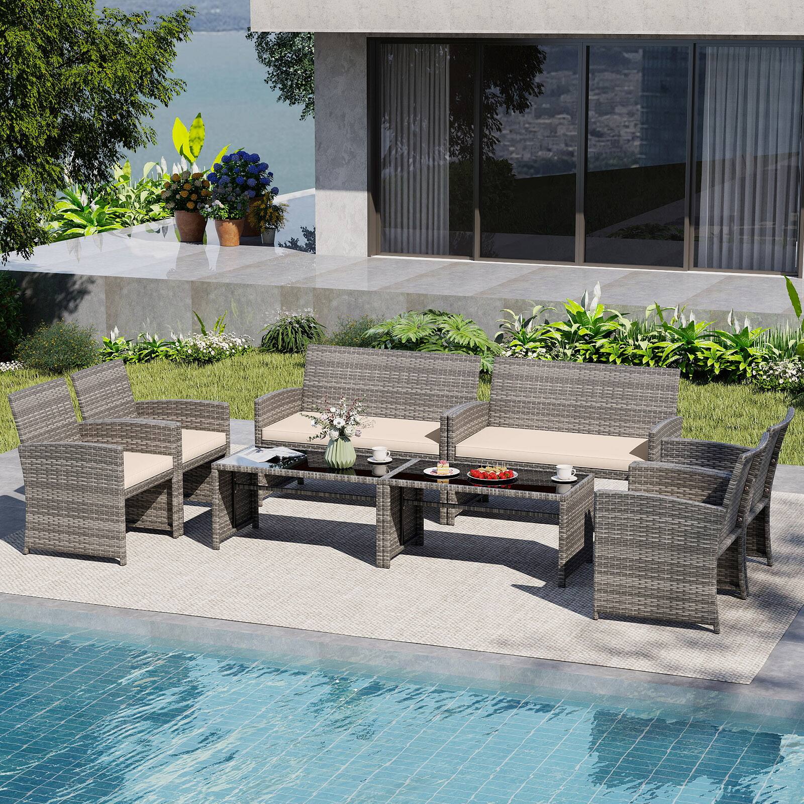 Alt View 3. Gymax - Gymax 8PCS Patio Outdoor Conversation Set w/Seat Cushions & Tempered Glass Tabletop Off White - Off White.