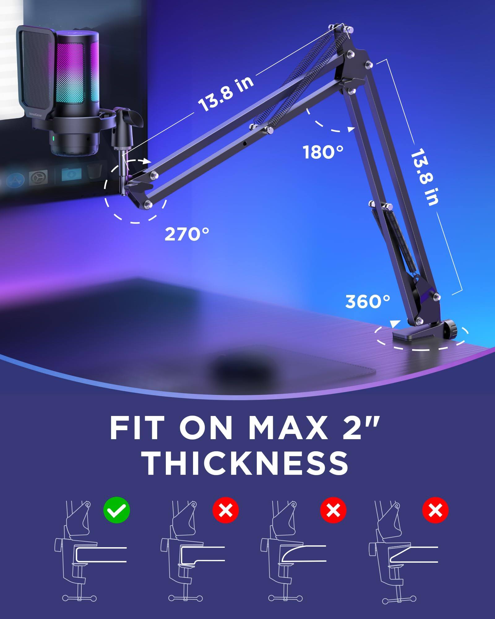 13.8 in  
180°  
13.8 in  
270°  
360°  

FIT ON MAX 2" THICKNESS