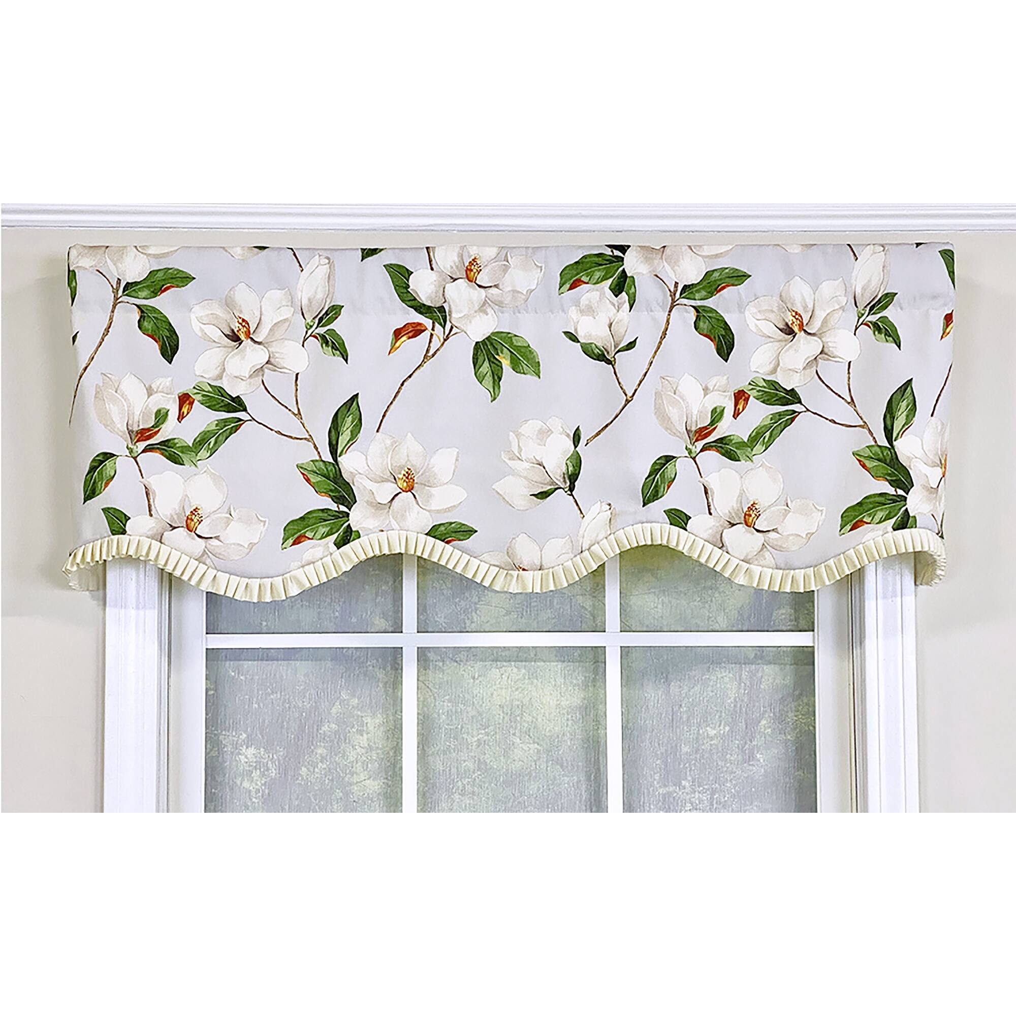 Angle. RLF Home - RLF Home Magnolia Ruffled Provance Valance Gray. 3" Rod Pocket, Layered. 50" x 16" - Gray.