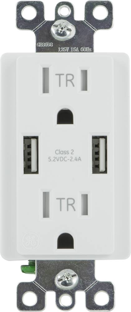 Front. GE - USB and AC In-Wall Combo Duplex Outlet - White.