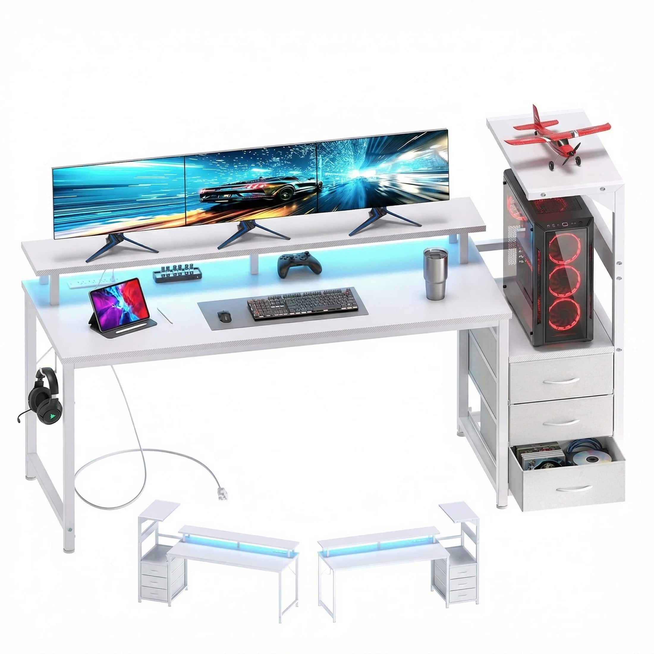 Anysun - 59-inch gaming table with drawers and 3 fabric drawers, equipped with USB ports and LED lights for the computer desk - White