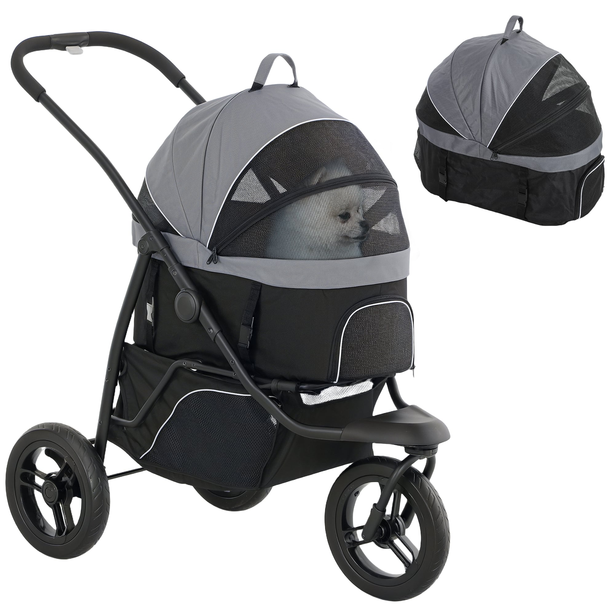 Front. Pawhut - Dog Stroller, 3 in 1 Jogger, Detachable Carrier, Storage Basket, 3 Big Wheels, Adjustable Canopy.