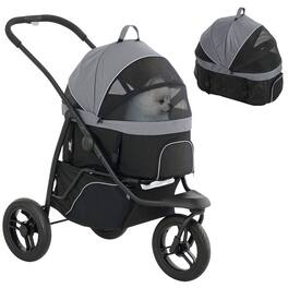 Pawhut - Dog Stroller, 3 in 1 Jogger, Detachable Carrier, Storage Basket, 3 Big Wheels, Adjustable Canopy