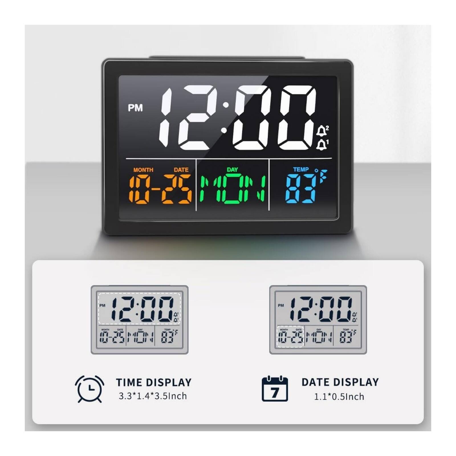 PM 12:00  
PR MONTH DATE DAY TEMP  
01-25 MON 83  

PM 12:00  
TIME DISPLAY 3.3*1.4*3.5Inch  
DATE DISPLAY 1.1*0.5Inch