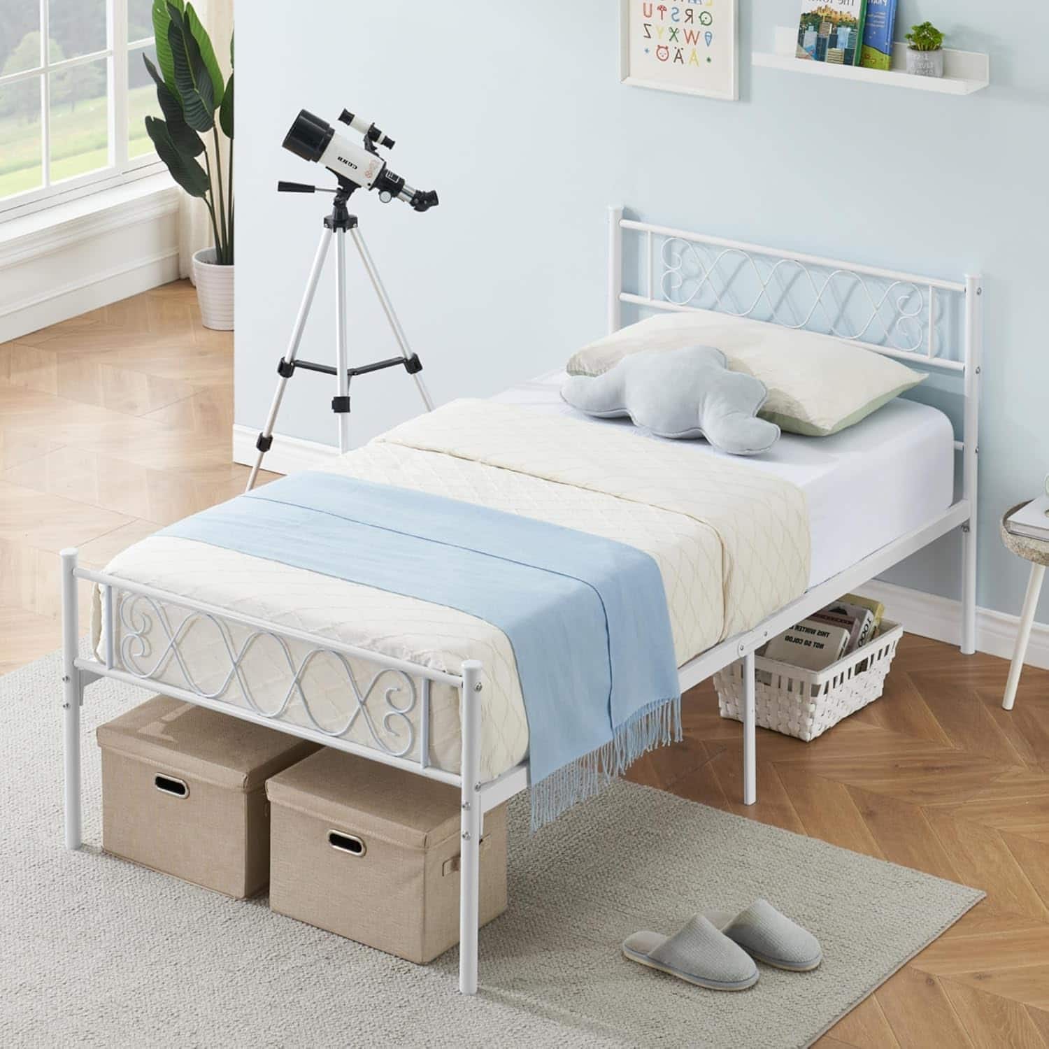 Homhougo - Twin XL Size Metal Bed Frame with Heart Design Headboard, Under Bed Storage, No Box Spring Needed - White