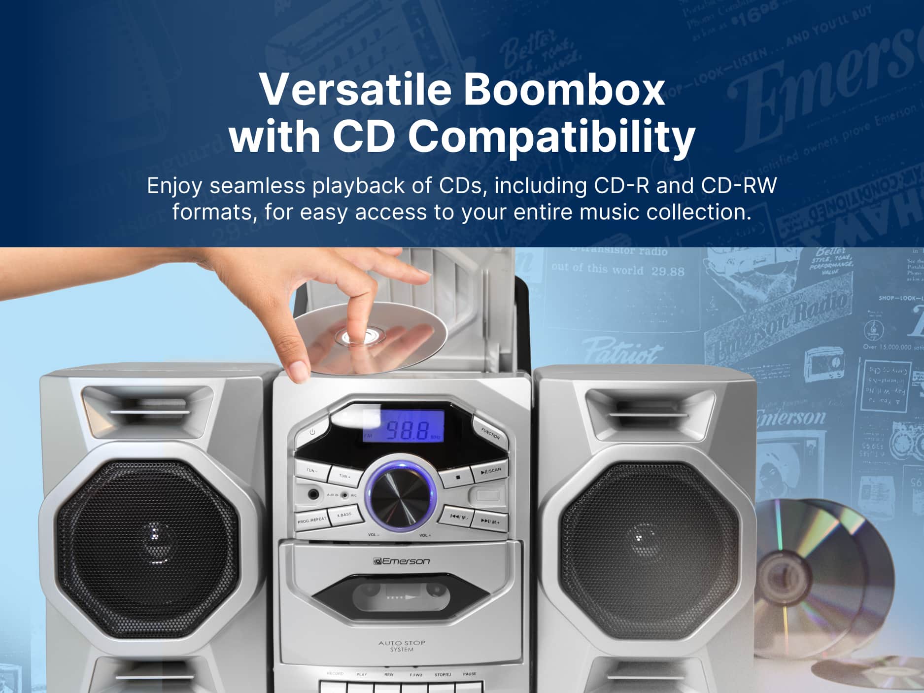 Versatile Boombox with CD Compatibility
Enjoy seamless playback of CDs, including CD-R and CD-RW formats, for easy access to your entire music collection.