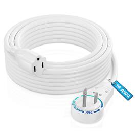 Maximm - 25 Feet 14Awg 360° Rotating Flat Plug Extension Cord / Wire, 3 Prong Grounded Wire, Heavy Duty - UL Certified - White