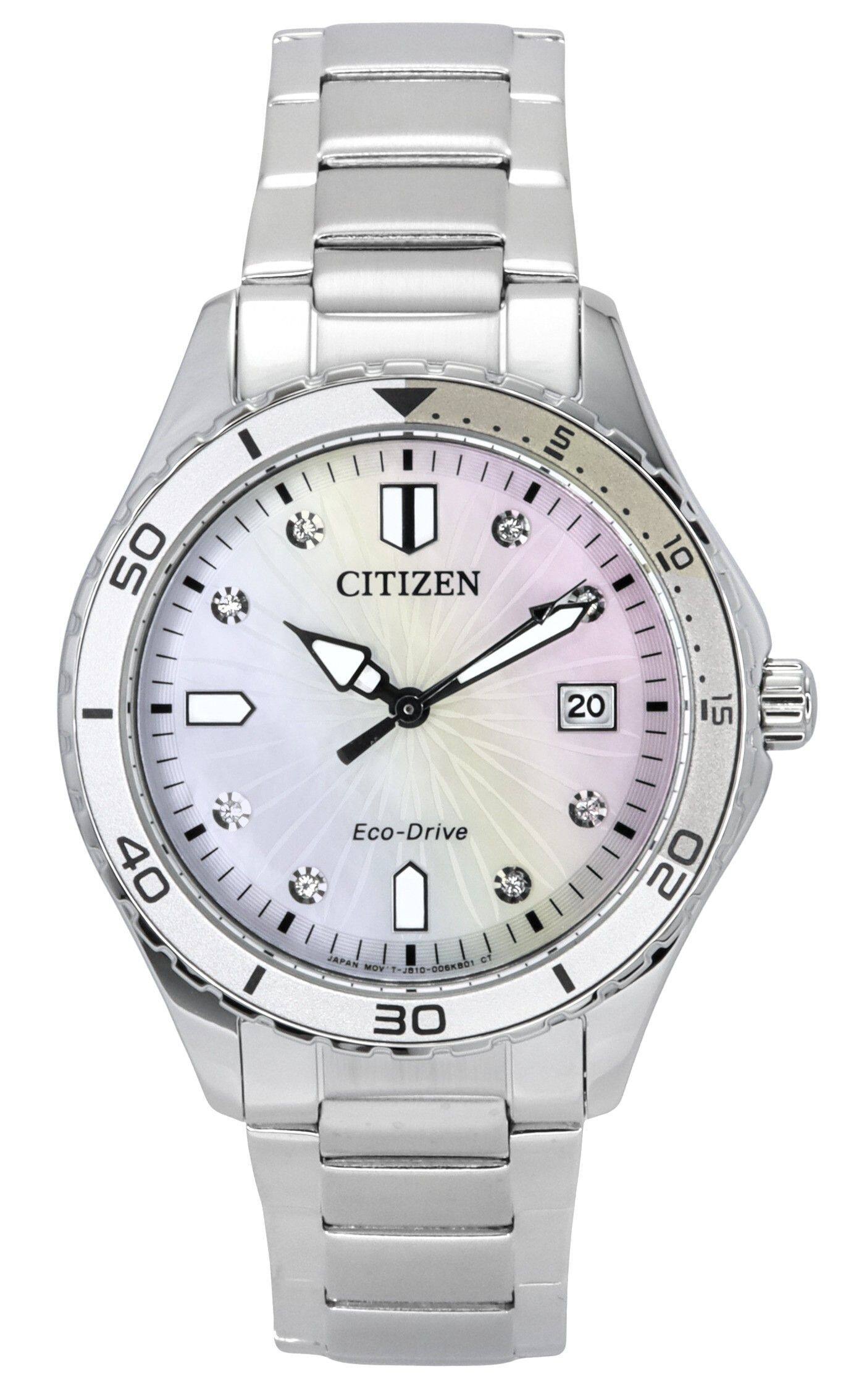 Citizen - Marine Eco-Drive Crystal Accents Stainless Steel Mother Of Pearl Dial FE6170-88D 100M Women's Watch - Silver