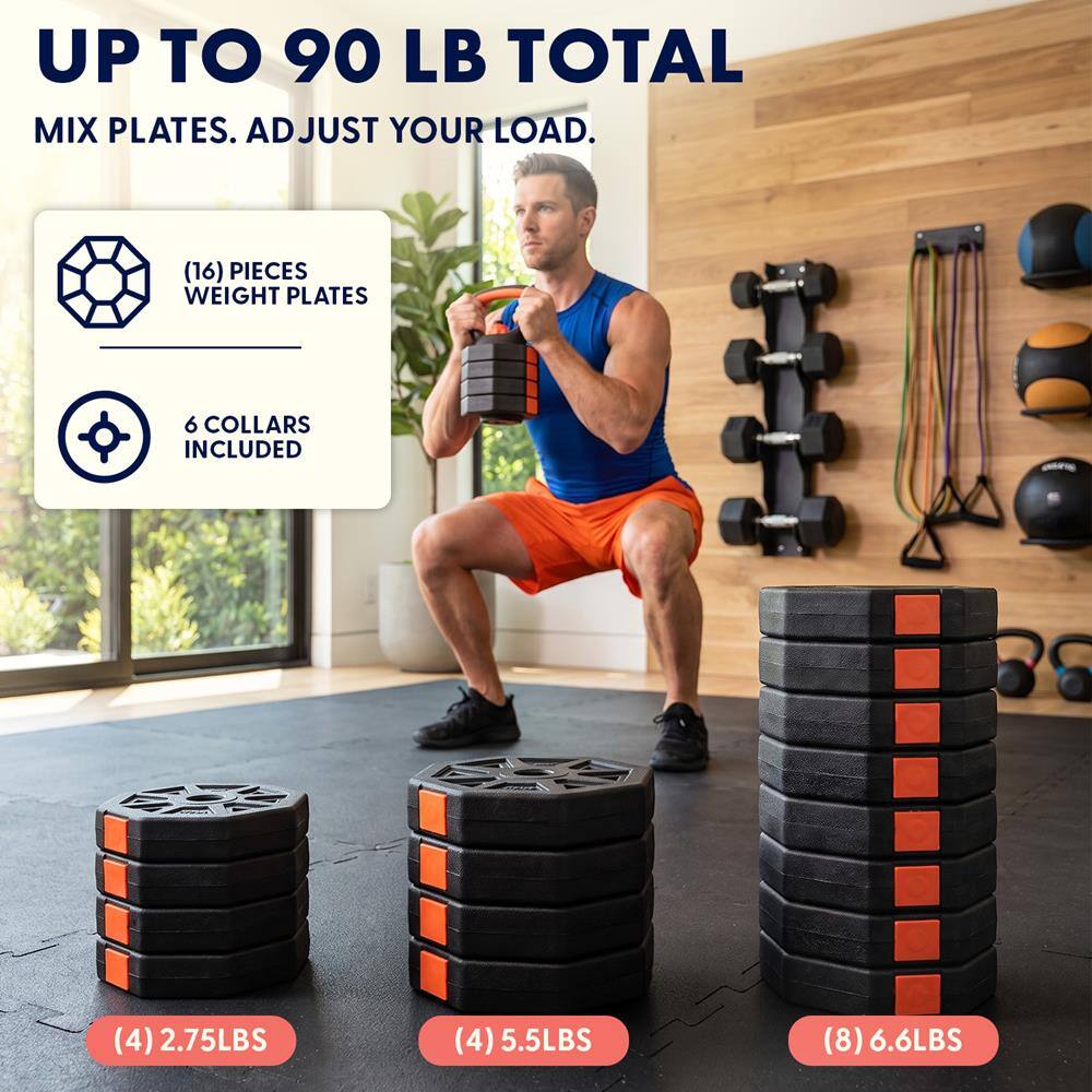 UP TO 90 LB TOTAL MIX PLATES. ADJUST YOUR LOAD.

(16) PIECES WEIGHT PLATES
6 COLLARS INCLUDED
(4) 2.75LBS
(4) 5.5LBS
(8) 6.6LBS