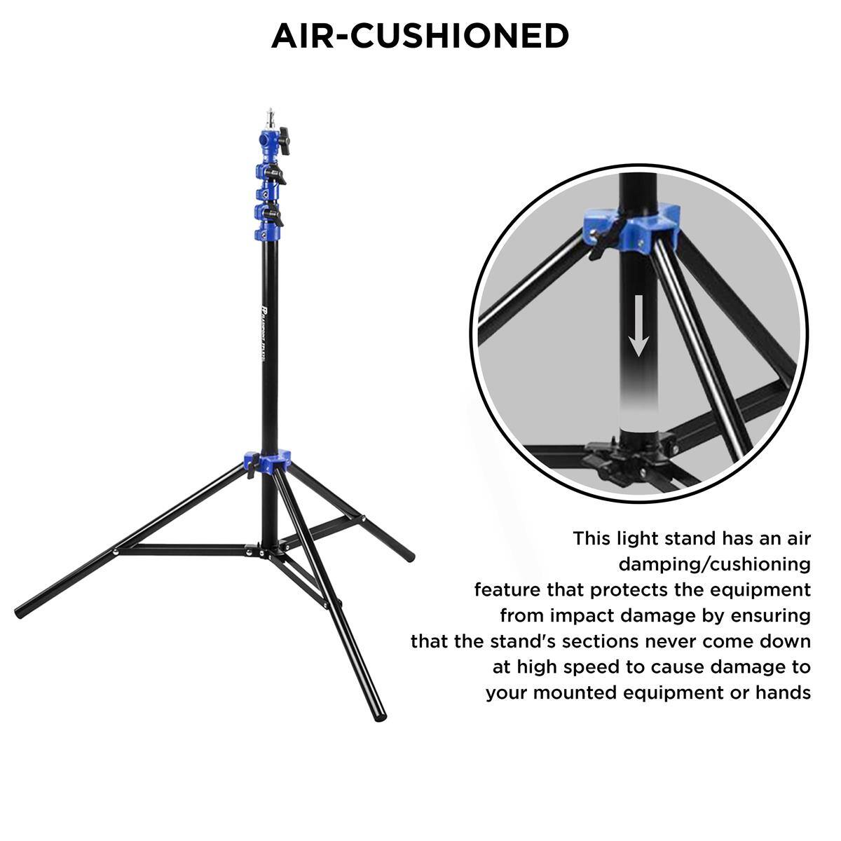 AIR-CUSHIONED

This light stand has an air damping/cushioning feature that protects the equipment from impact damage by ensuring that the stand's sections never come down at high speed to cause damage to your mounted equipment or hands
