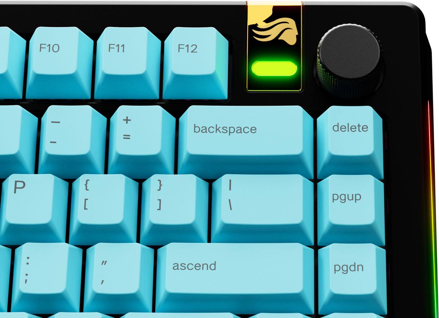 The text on the image shows the function keys F10, F11, and F12, along with the corresponding symbols and keys. The function keys are located on the top row of the keyboard, and they are used to perform specific actions or commands in various software applications. The symbols and keys listed include the backspace key, the delete key, the arrow keys, and the page up and page down keys. Additionally, the text mentions the "I" key, which is located on the bottom row of the keyboard, and the "ascend" and "pgdn" keys, which are also located on the bottom row.