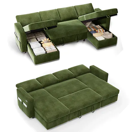 Front. Vipbear - 81" U Shaped Pull Out Couches for Living Room with Storage Chaise, USB Port&Cupholder - Green.
