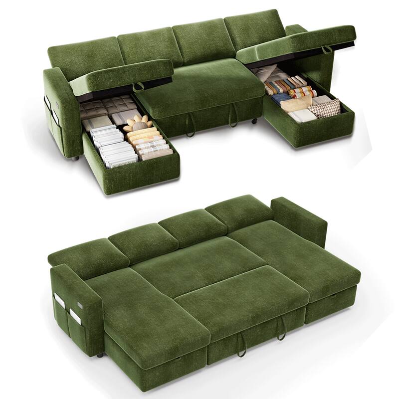 Vipbear - 81" U Shaped Pull Out Couches for Living Room with Storage Chaise, USB Port&Cupholder - Green