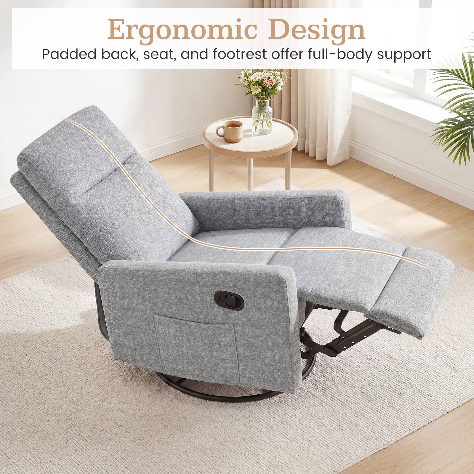 Ergonomic Design  
Padded back, seat, and footrest offer full-body support