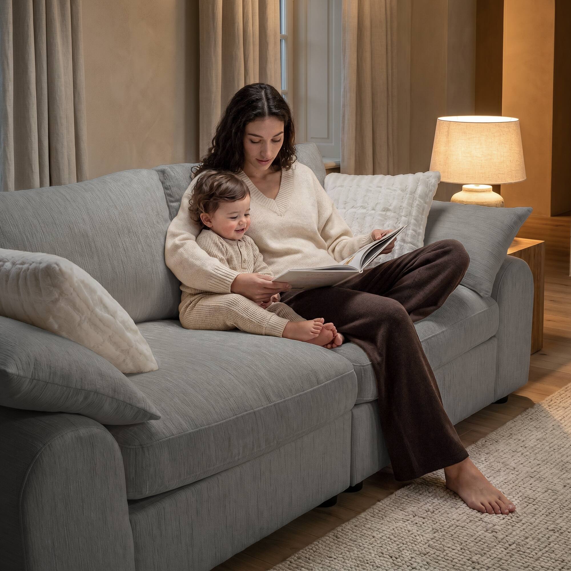 Left. ModernMate - Chenille Cloud Modular Sectional, Down-Blend Cushions, Tool-Free Assembly, Machine-Washable Covers - Gray.