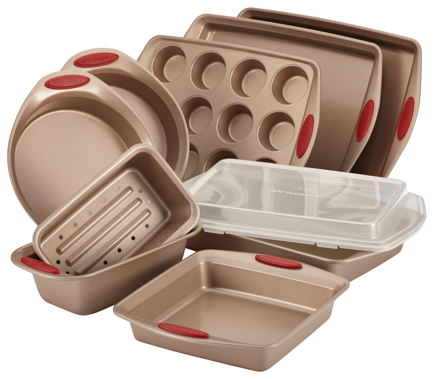 Angle View: Rachael Ray - Cucina 10-Piece Nonstick Bakeware Set - Latte Brown/Cranberry Red