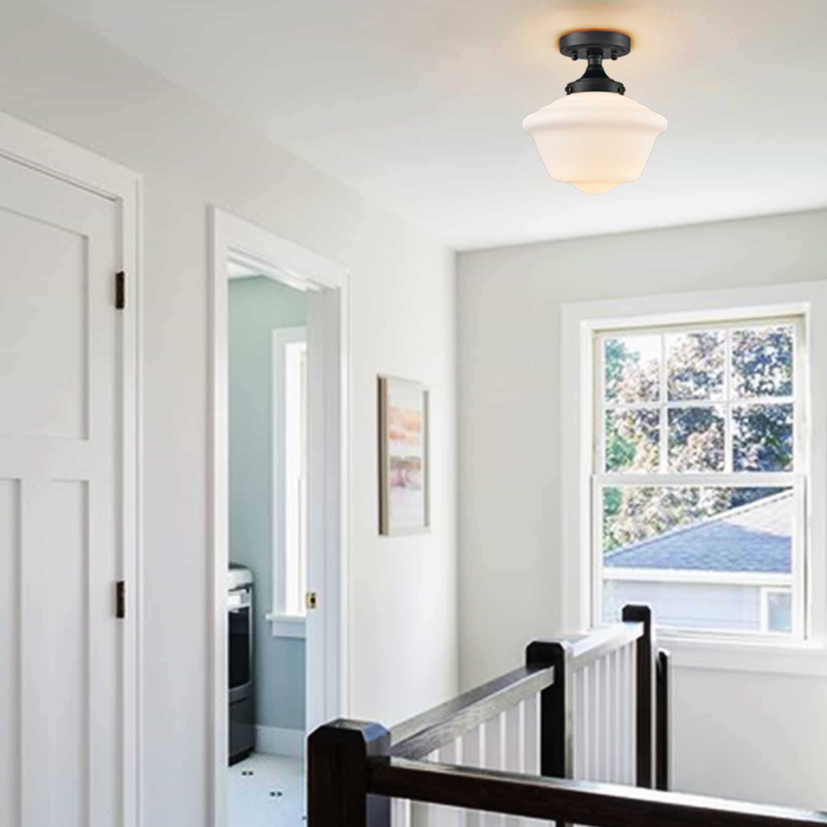 Angle. MOOSE - Salina Schoolhouse Semi-Flush Mount Ceiling Light with Milk Glass Shade - Black.