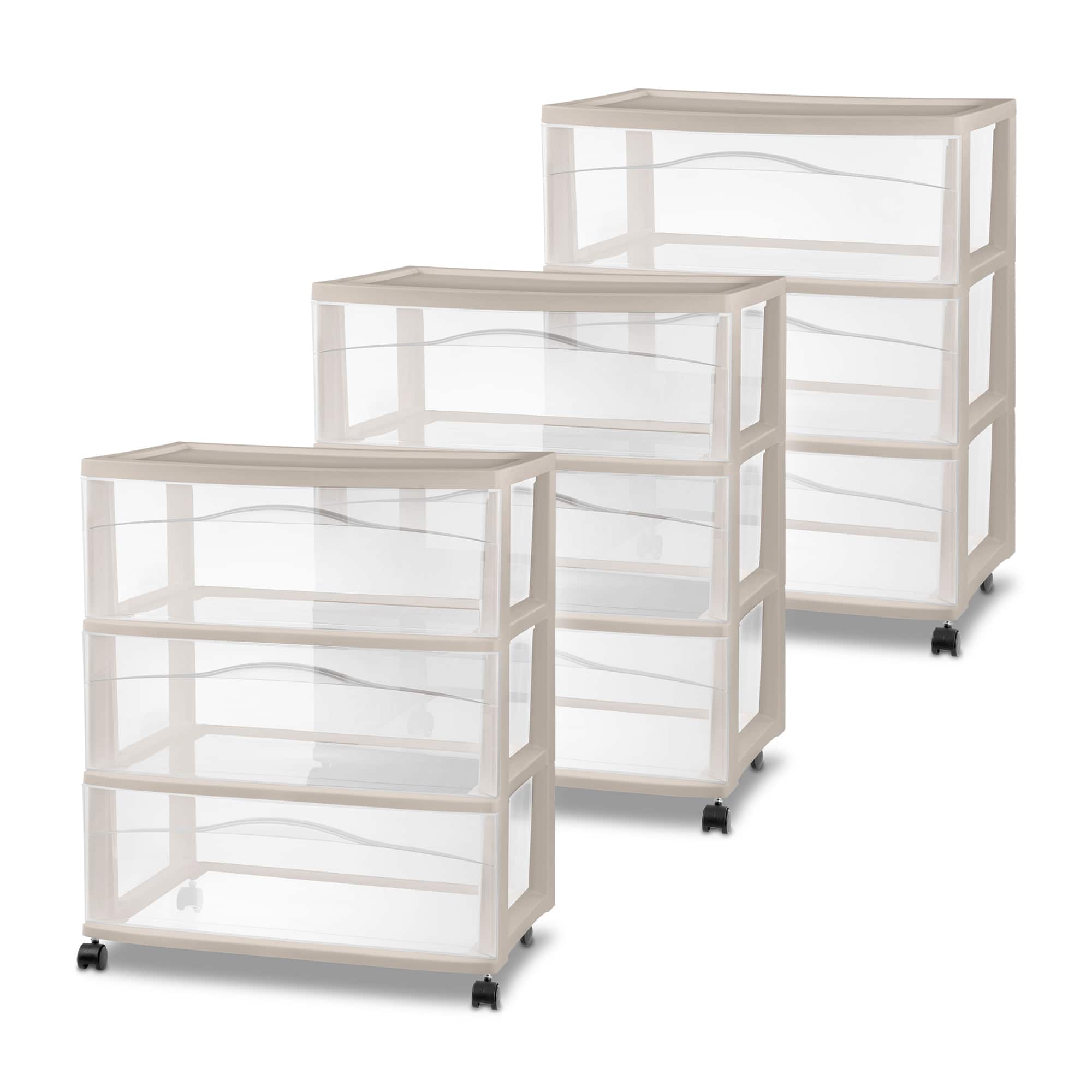 Sterilite - Wide 3 Drawer Storage Cart, Plastic Rolling Organization, Grey, 3 Pack - Gray
