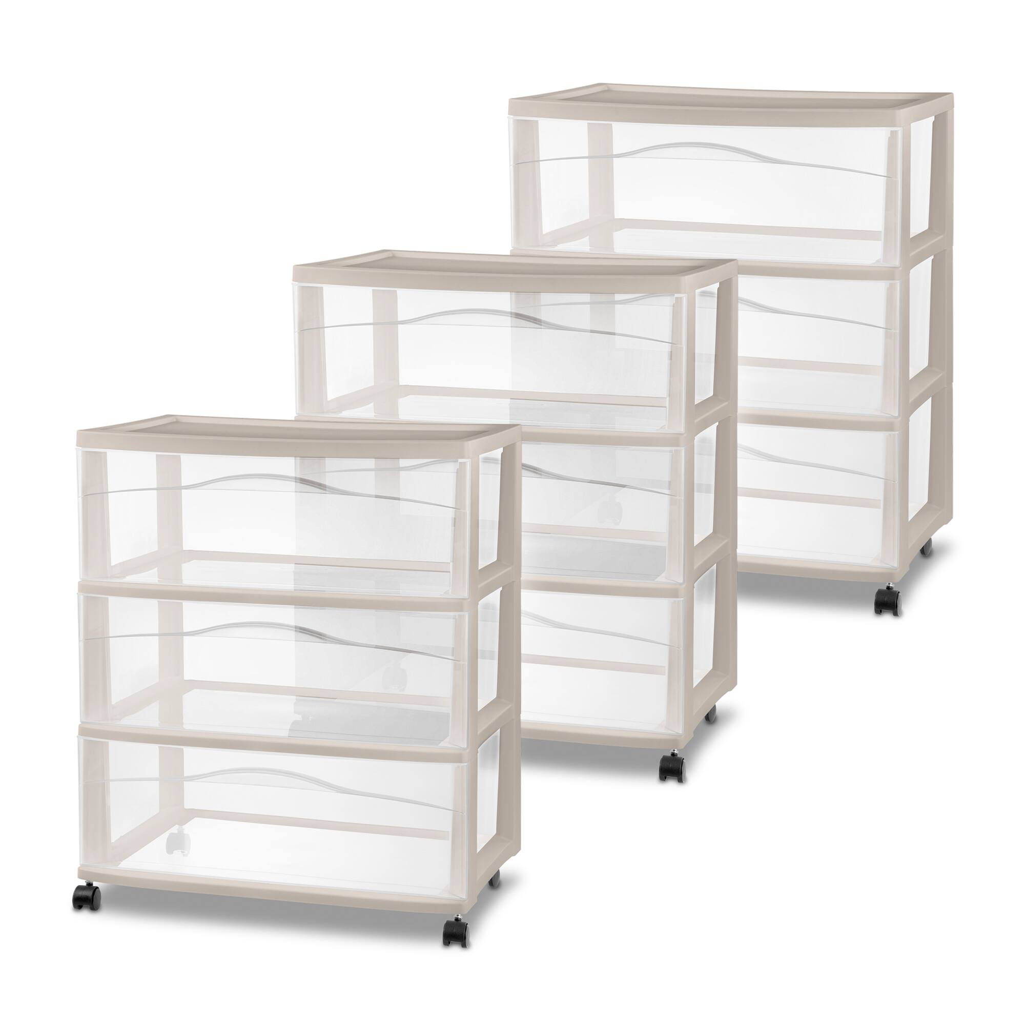 Front. Sterilite - Sterilite Wide 3 Drawer Storage Cart, Plastic Rolling Organization, Grey, 3 Pack - Grey.
