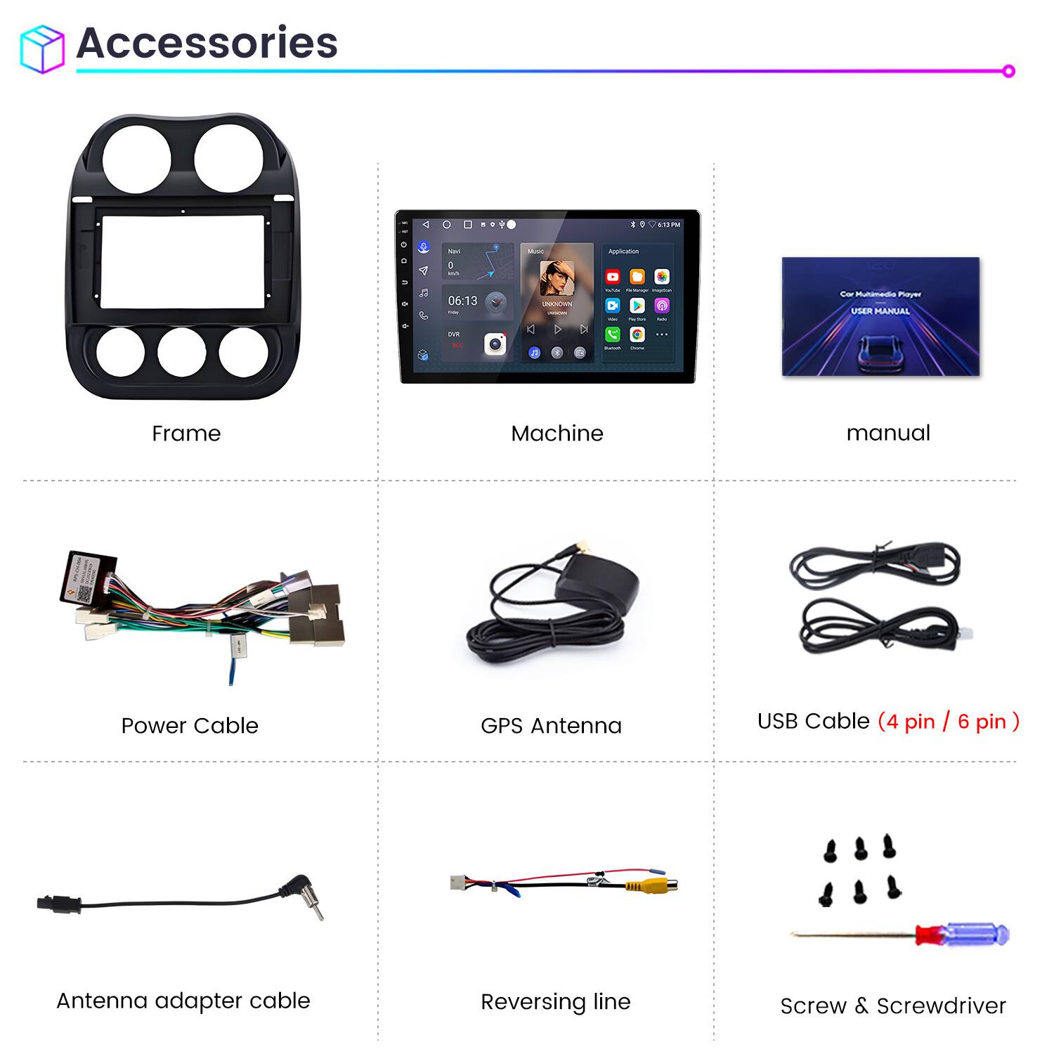 Accessories

- Frame
- Machine
- Manual
- Power Cable
- GPS Antenna
- USB Cable (4 pin / 6 pin)
- Antenna adapter cable
- Reversing line
- Screw & Screwdriver
