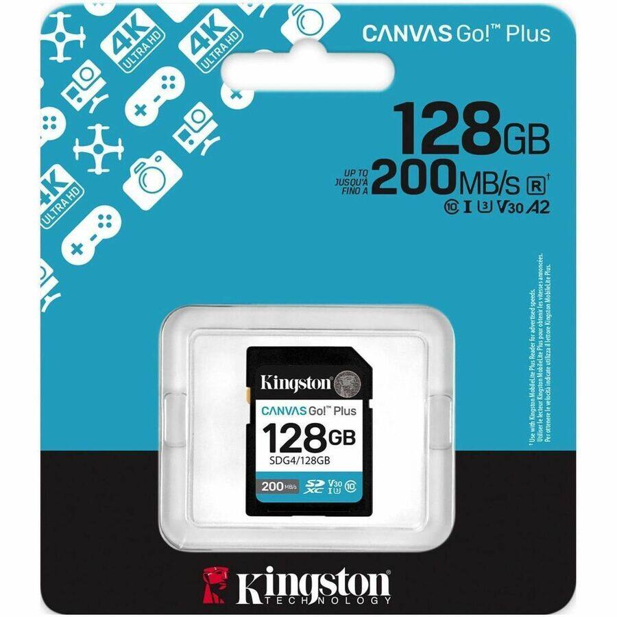 CANVAS Go! Plus  
128GB  
UP TO 200 MB/S  
U1 V30 A2  

Kingston  
CANVAS Go! Plus  
128GB  
SDG4/128GB  
200 MB/s  
U1 V30 A2  

Kingston Technology