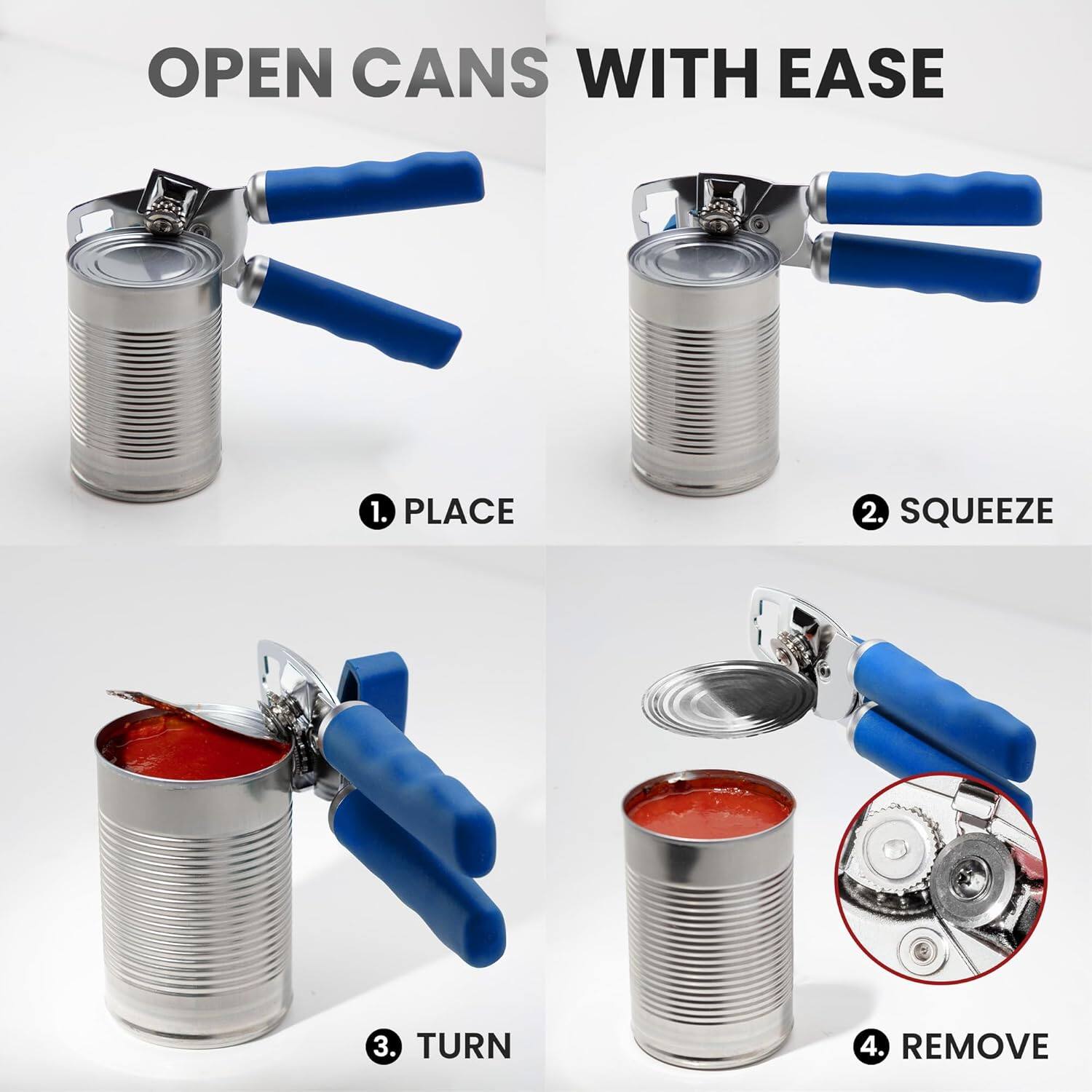 OPEN CANS WITH EASE

1. PLACE
2. SQUEEZE
3. TURN
4. REMOVE