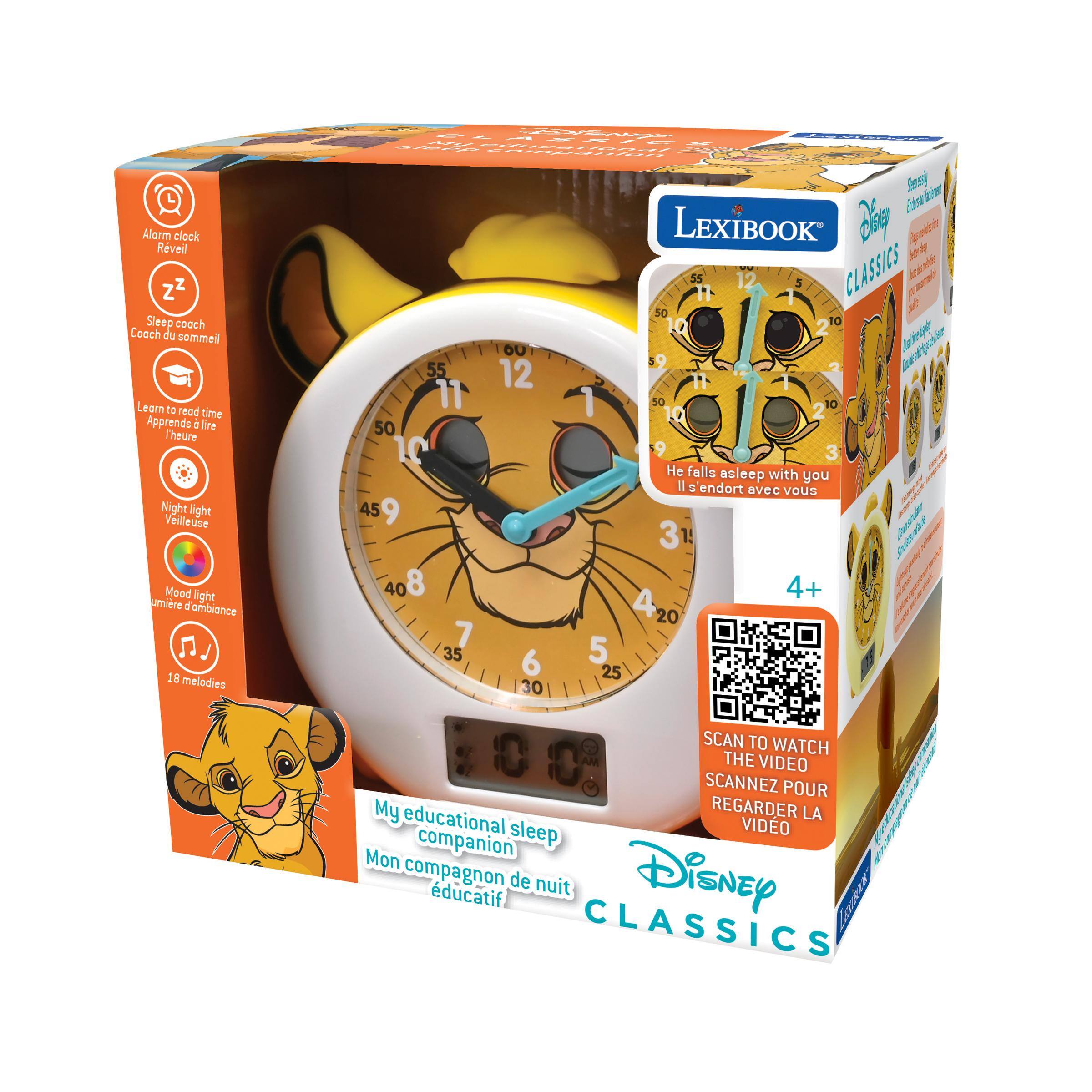 Alarm clock Rveill ZZ Sleep coach Coach du sommeil Learn to read time Apprendre à lire l'heure Night light Veilleuse Mood light lumière d'ambiance 18 melodies

Z Disney LÉGUE My sleep educational companion Ente-suther Jepossig LEXIBOOK Blog 1 W CLASSICS 55 12 5 II 50 LO 10 2 OU 9 2 55 12 11 1 11 1 50 10 10 2 50 10 9 3 falls asleep with you II s'endort avec vous 45 9 3 408 4+ 4 20 7 35 6 5 25 30

SCAN TO WATCH 0 AM THE VIDEO SCANNEZ POUR REGARDER LA VIDO My educational sleep companion Mon compagnon de nuit Disney CLASSICS